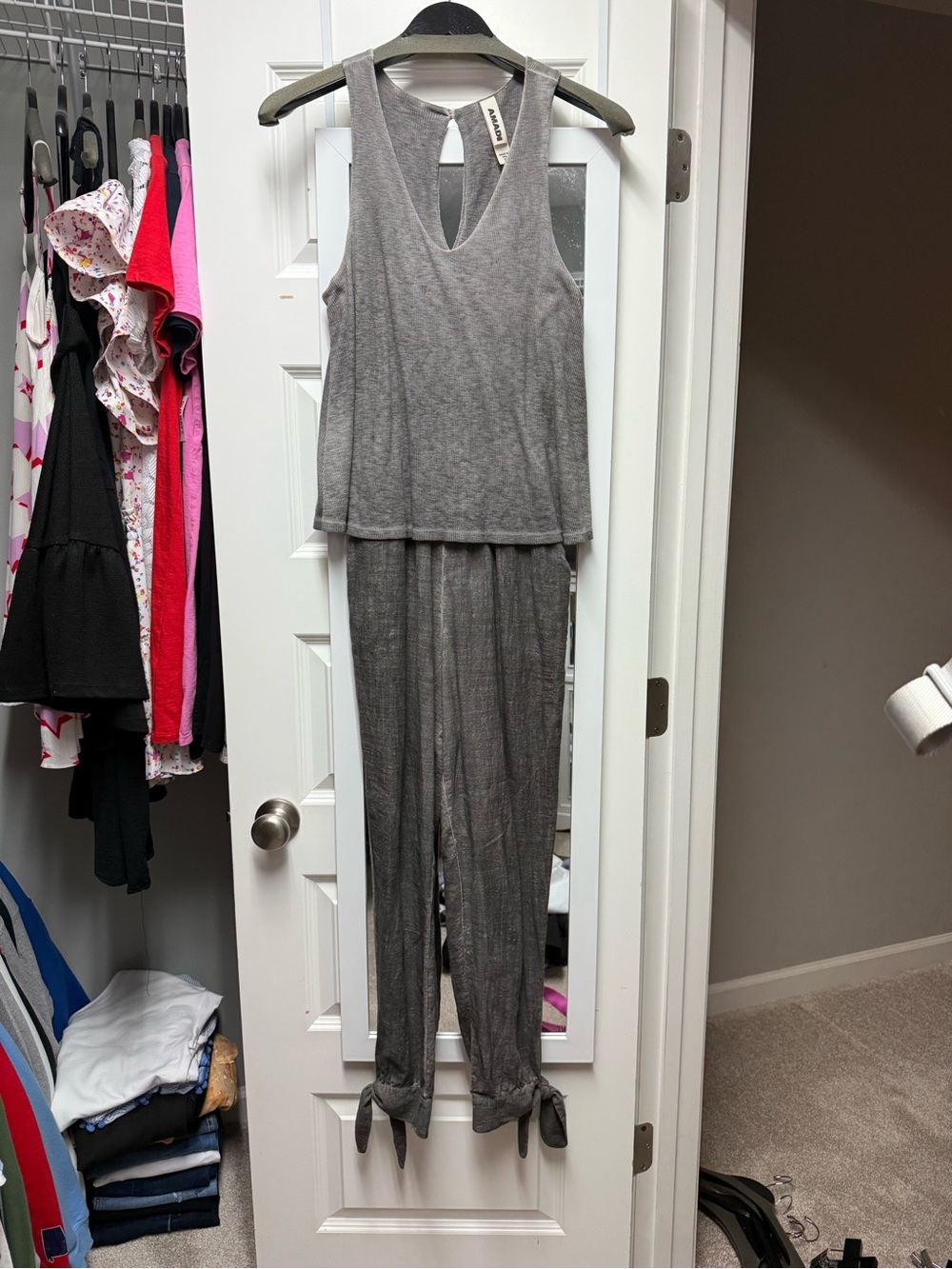Sleeveless Gray Loungewear Jumpsuit with Tie Ankles